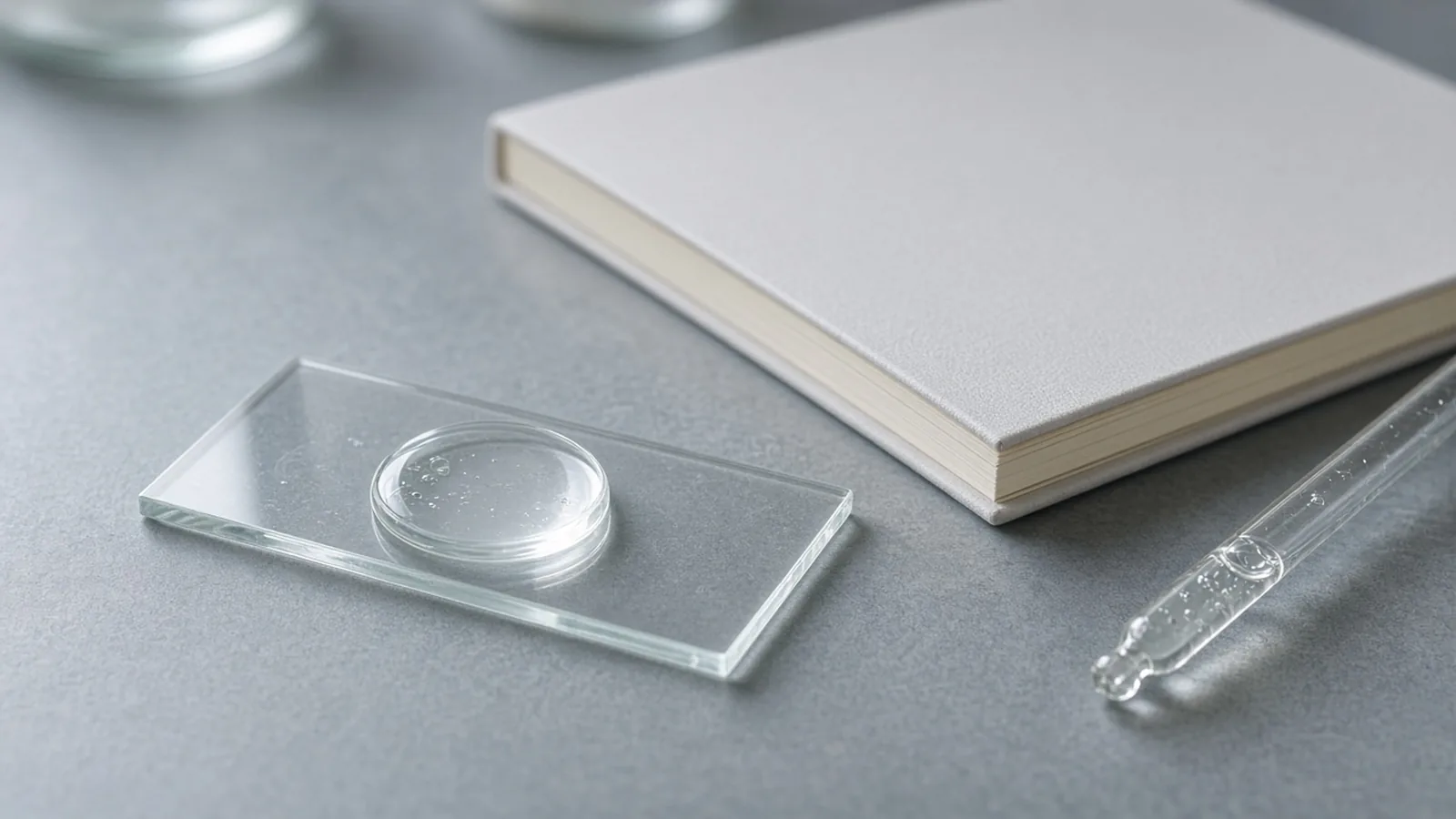 A clear gel disc on a glass slide beside a closed blank notebook and a glass dropper.
