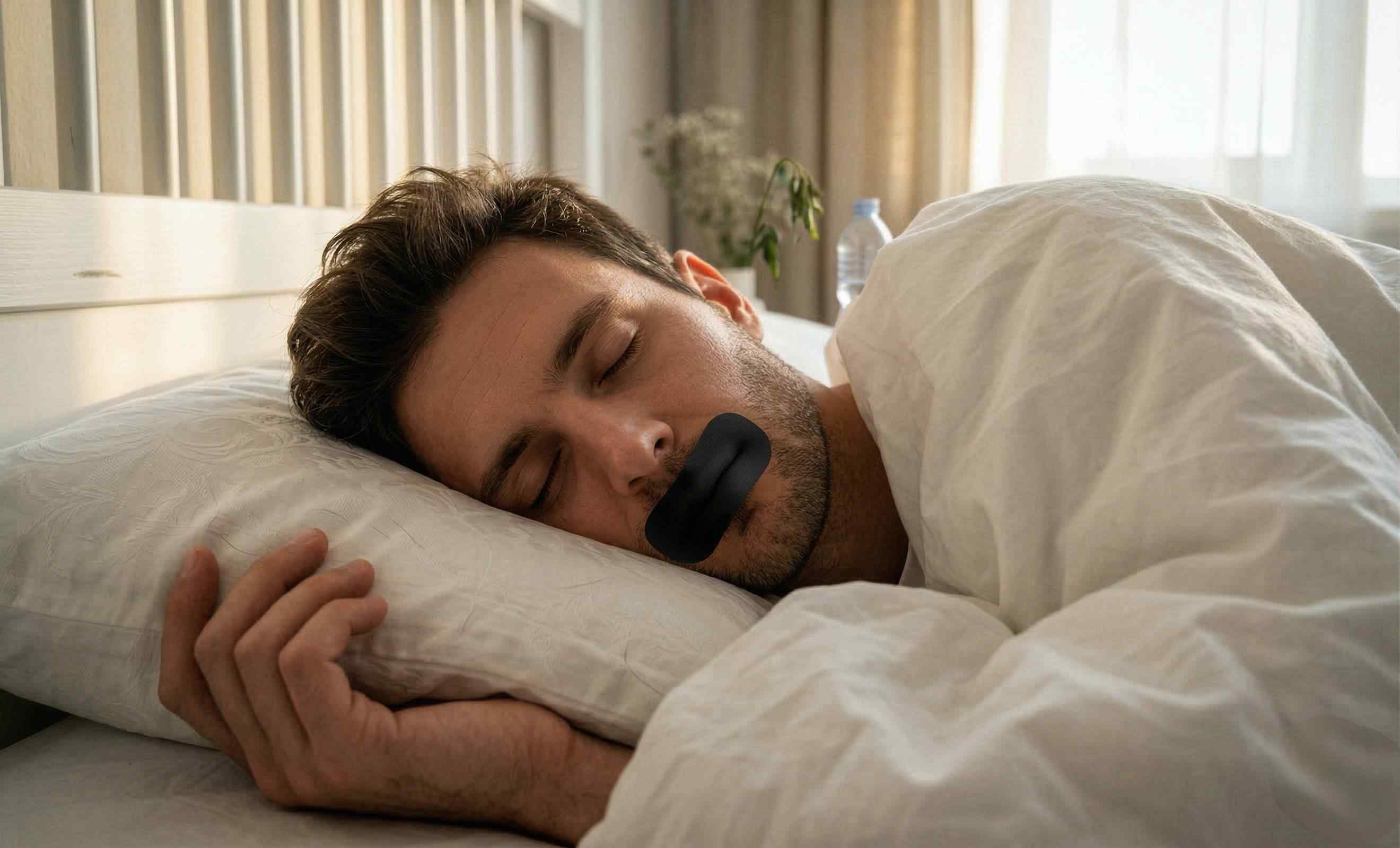 Person sleeping peacefully with mouth tape