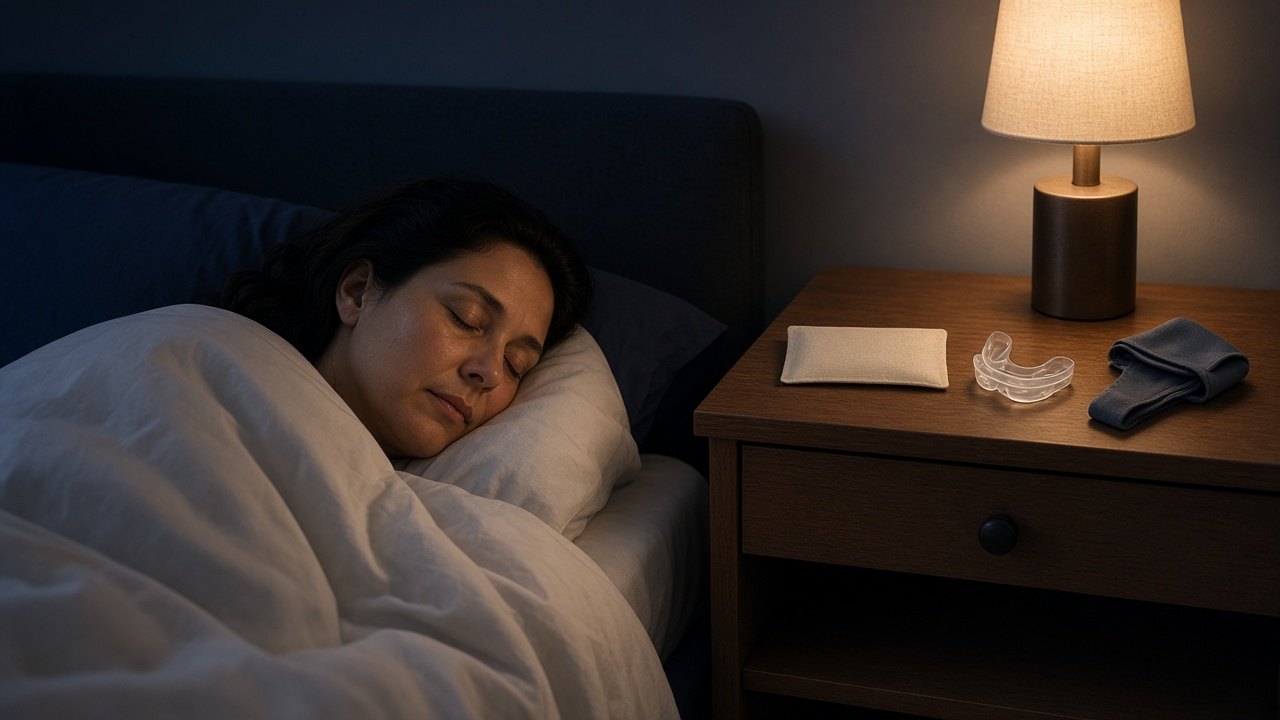 A person sleeping on their side, with an unlabeled mouthpiece, nasal strips, and a cloth chin strap on the nightstand