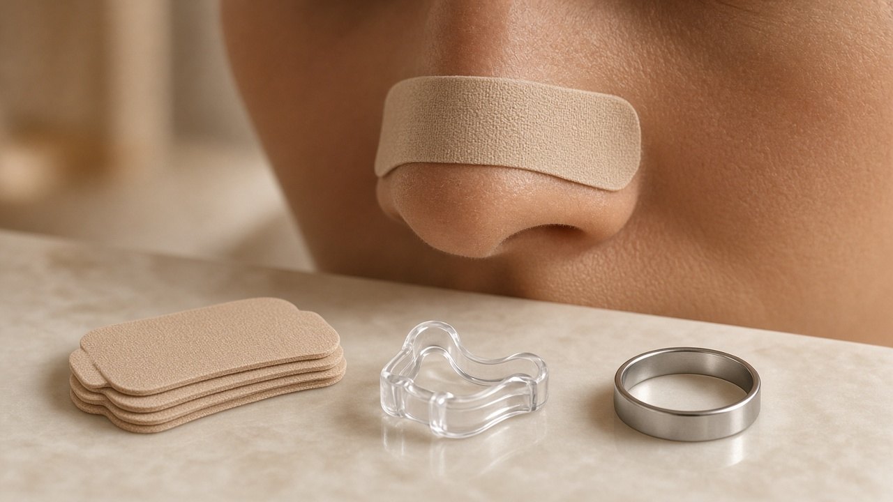 A plain tan nasal strip on a nose, with unlabeled adhesive strips, a clear dilator, and a magnetic band on the counter