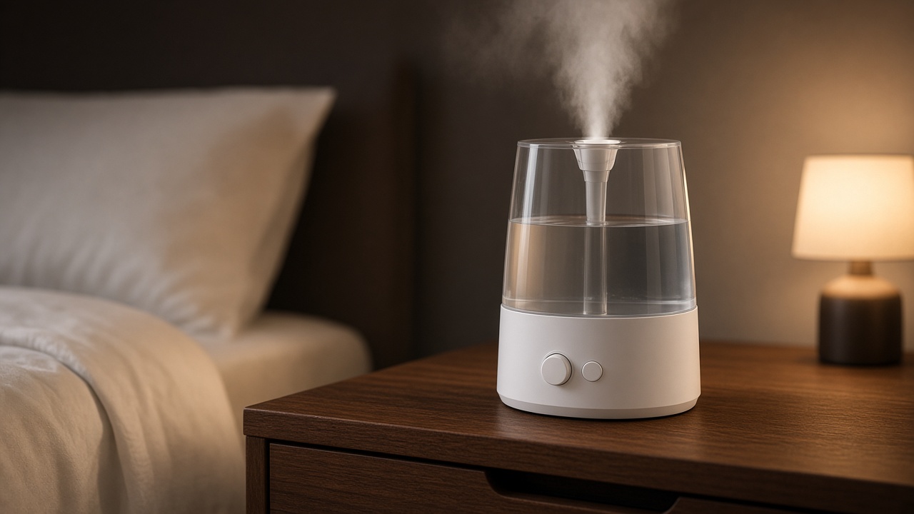 A cool-mist humidifier with a clear water tank, a control dial, and a mist plume, on a nightstand beside a bed