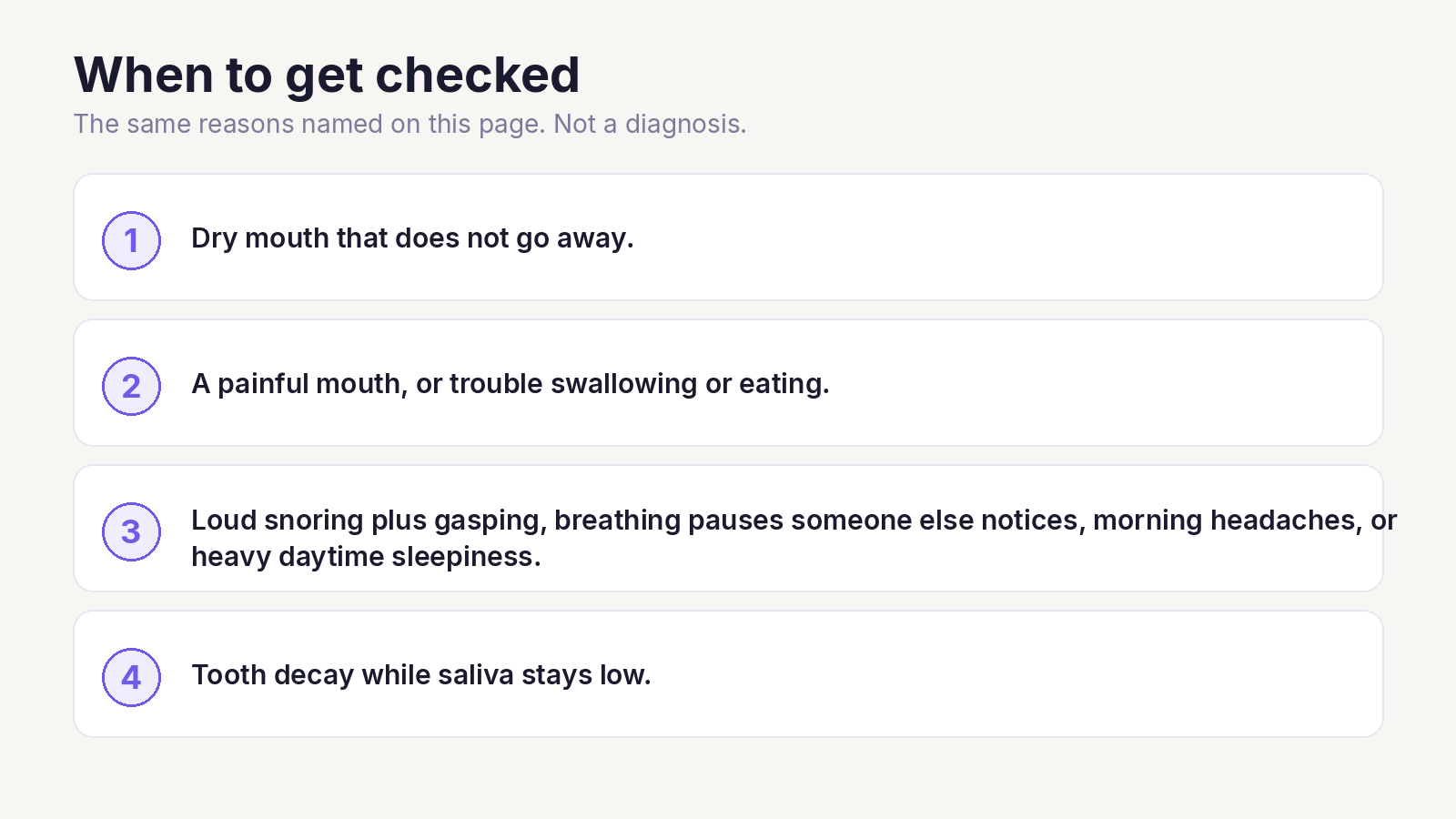 Four reasons to get checked: dry mouth that does not go away, a painful mouth or trouble swallowing, snoring with gasping or daytime sleepiness, and tooth decay while saliva stays low