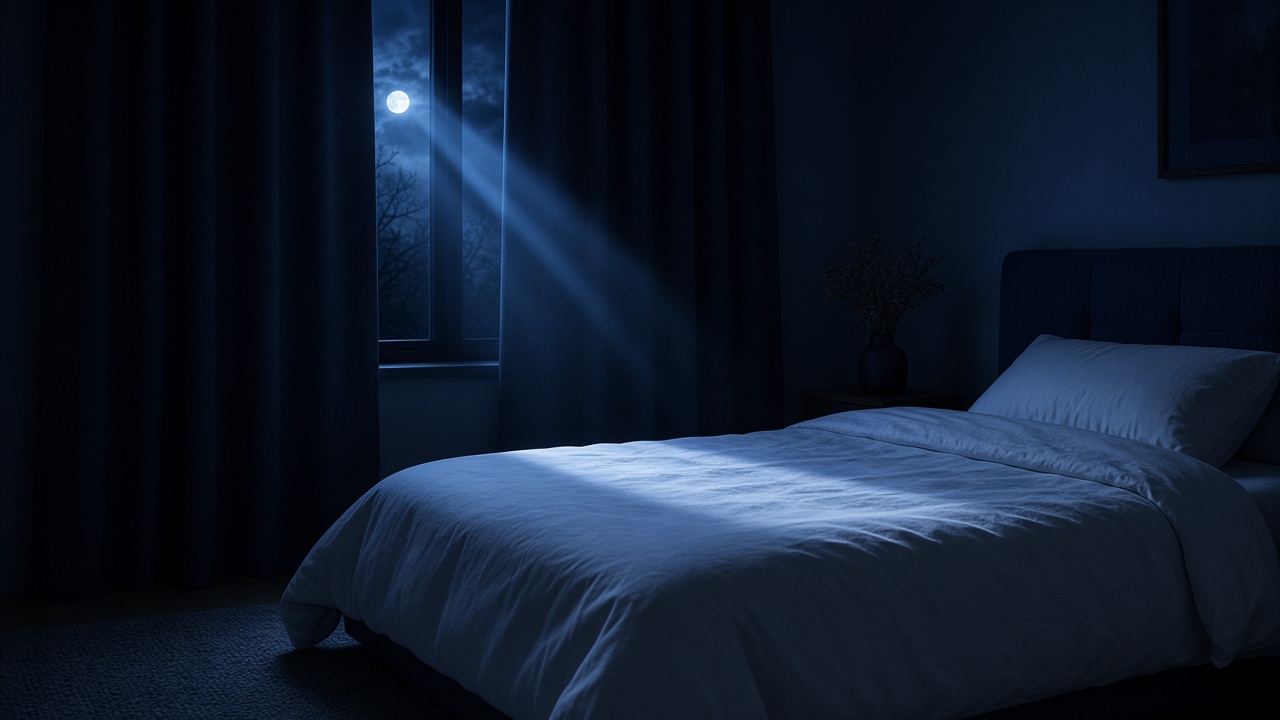 A tidy bed in a dark bedroom, with one stripe of moonlight across the white duvet
