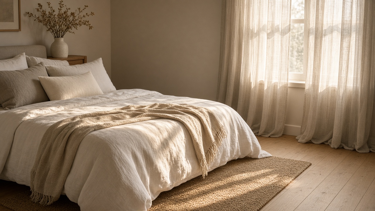 Morning sun through linen curtains onto a neatly made bed