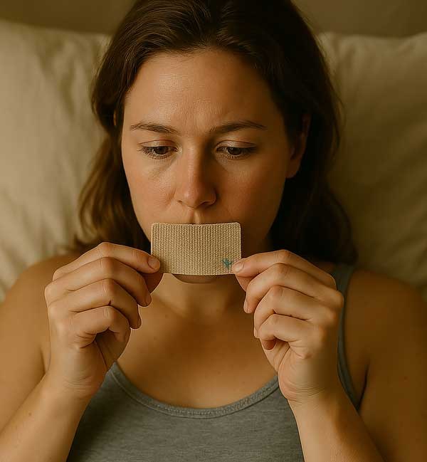 A Sleep Karma mouth tape strip being applied over closed lips