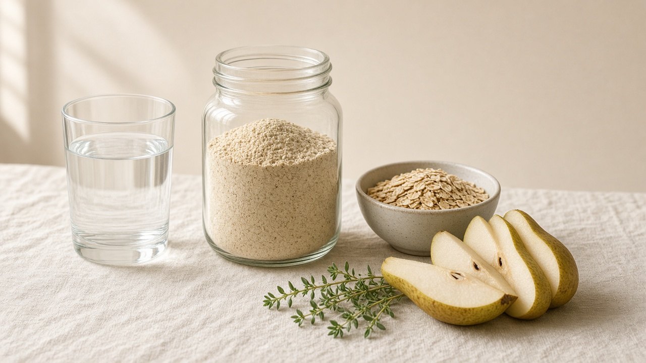 Unlabeled glass jars of tan and off-white fiber powder on a linen cloth beside a glass of water