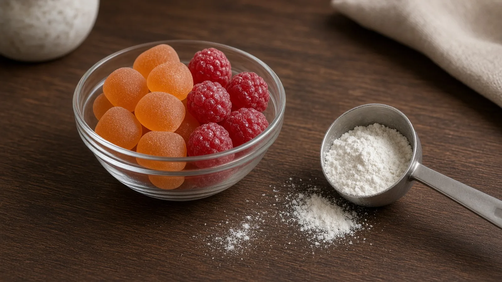 Plain orange and raspberry gummies in a glass bowl beside a scoop of white powder on a walnut table.