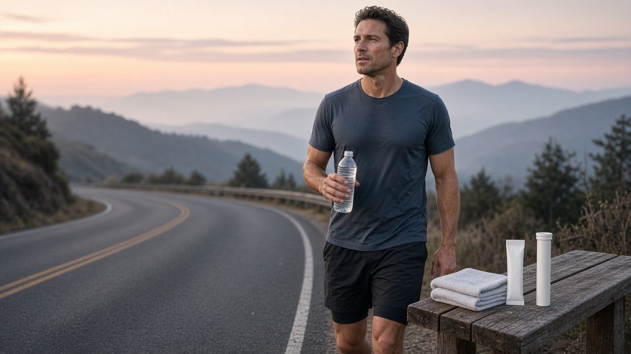 A runner paused at dawn with a plain water bottle and unlabeled electrolyte packets on a bench