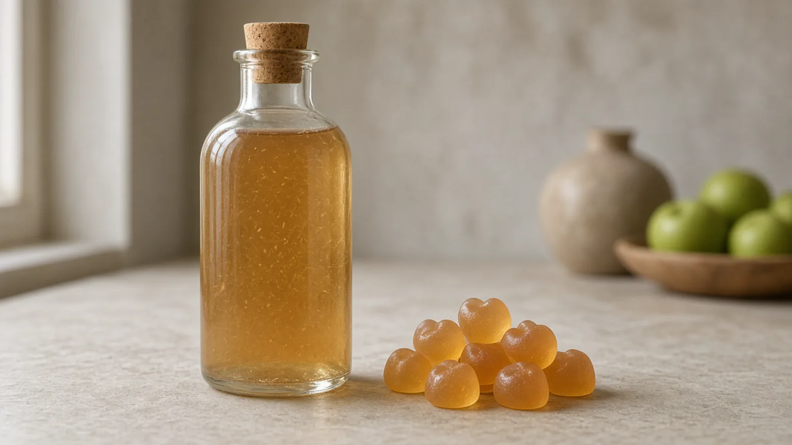 An unlabeled bottle of cloudy apple cider vinegar beside a small pile of plain gummies on a stone counter.