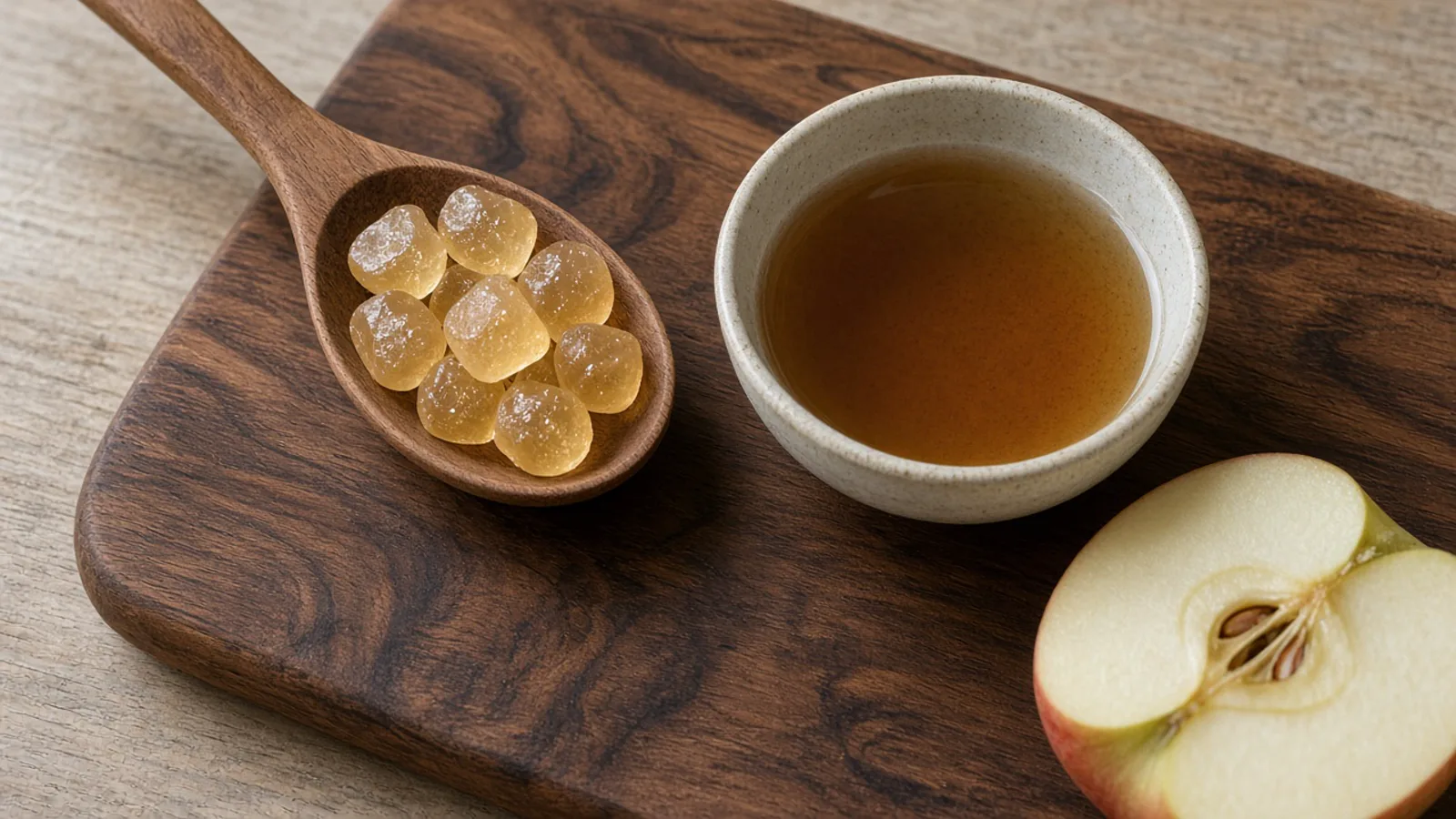 A wooden spoon of plain gummies beside a small bowl of vinegar and a cut apple.