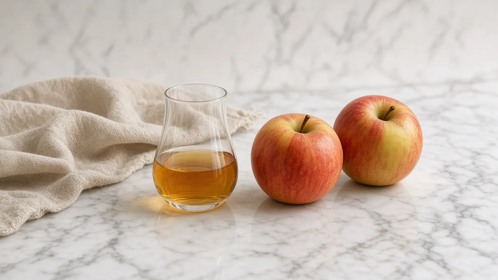 A glass of amber vinegar beside two apples on white marble.