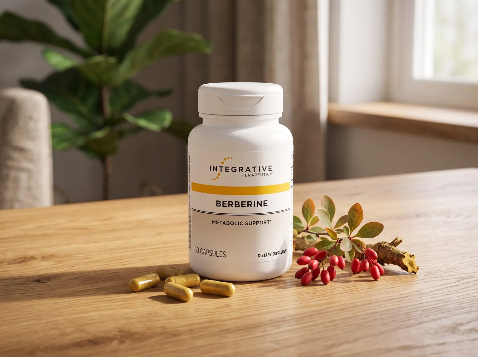 Berberine capsules, a dish of yellow berberine powder, and dried barberry on a light wood table.