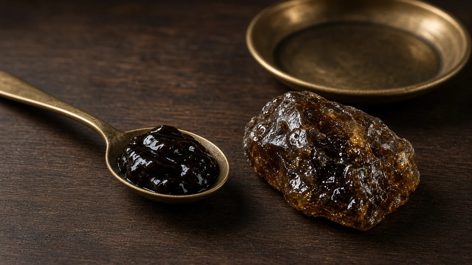 A spoon of dark glossy resin and a brass dish on a walnut table. No labeled jars.