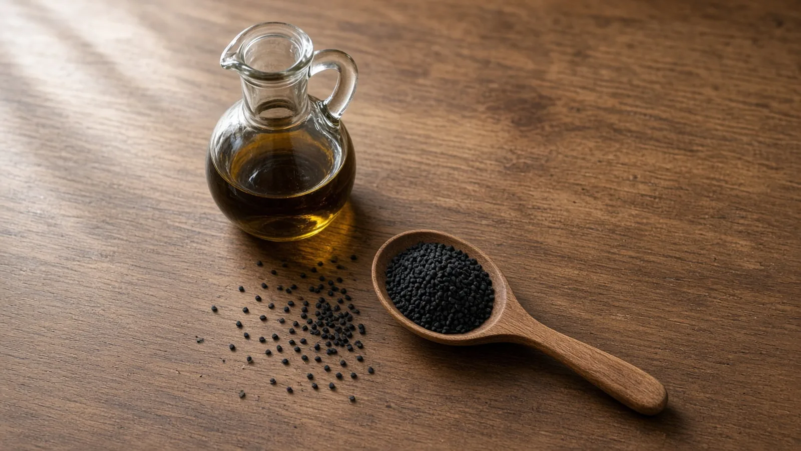 A glass cruet of dark golden oil and a wooden spoon of black nigella seeds on a walnut table.