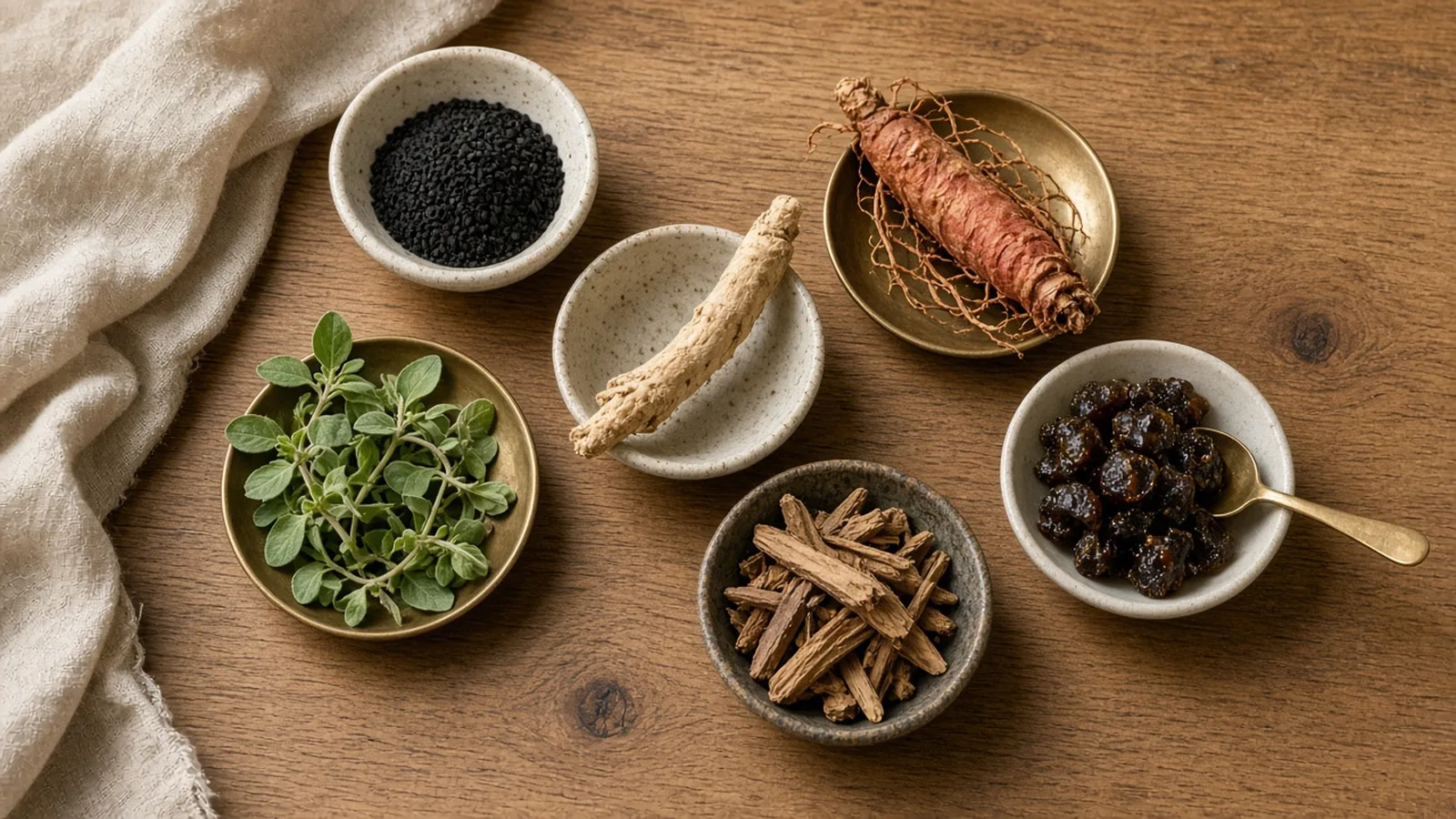 Oregano sprigs, black seeds, dried roots, and a spoon of dark resin arranged on a wooden table.