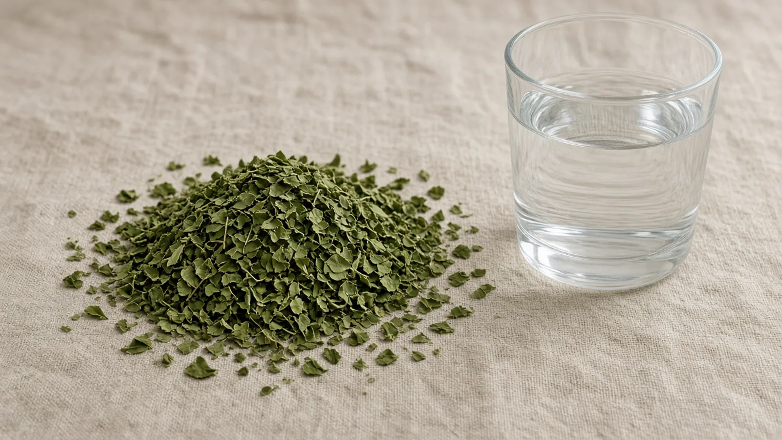 Dried green moringa leaves on linen beside a glass of water.