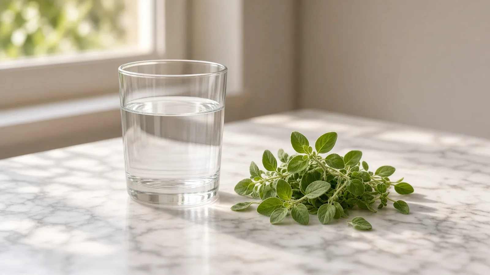 A glass of water and fresh oregano sprigs on a marble counter.