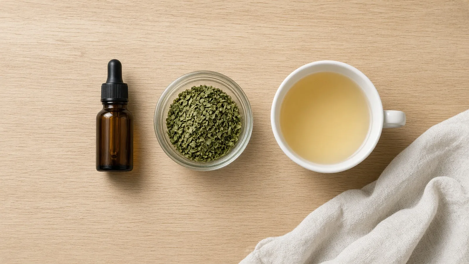An unlabeled amber dropper bottle, a glass bowl of dried oregano, and a cup of pale liquid on a light wood table.