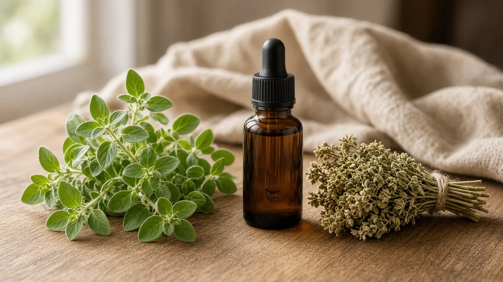 Fresh oregano sprigs, a bundle of dried oregano, and a plain amber dropper bottle on a wooden table.