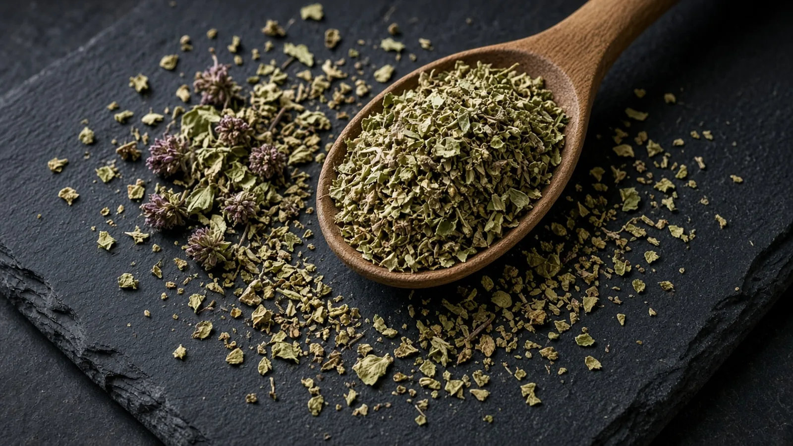 Dried oregano leaves and flower buds on a dark slate board, with a wooden spoon of crushed herb.