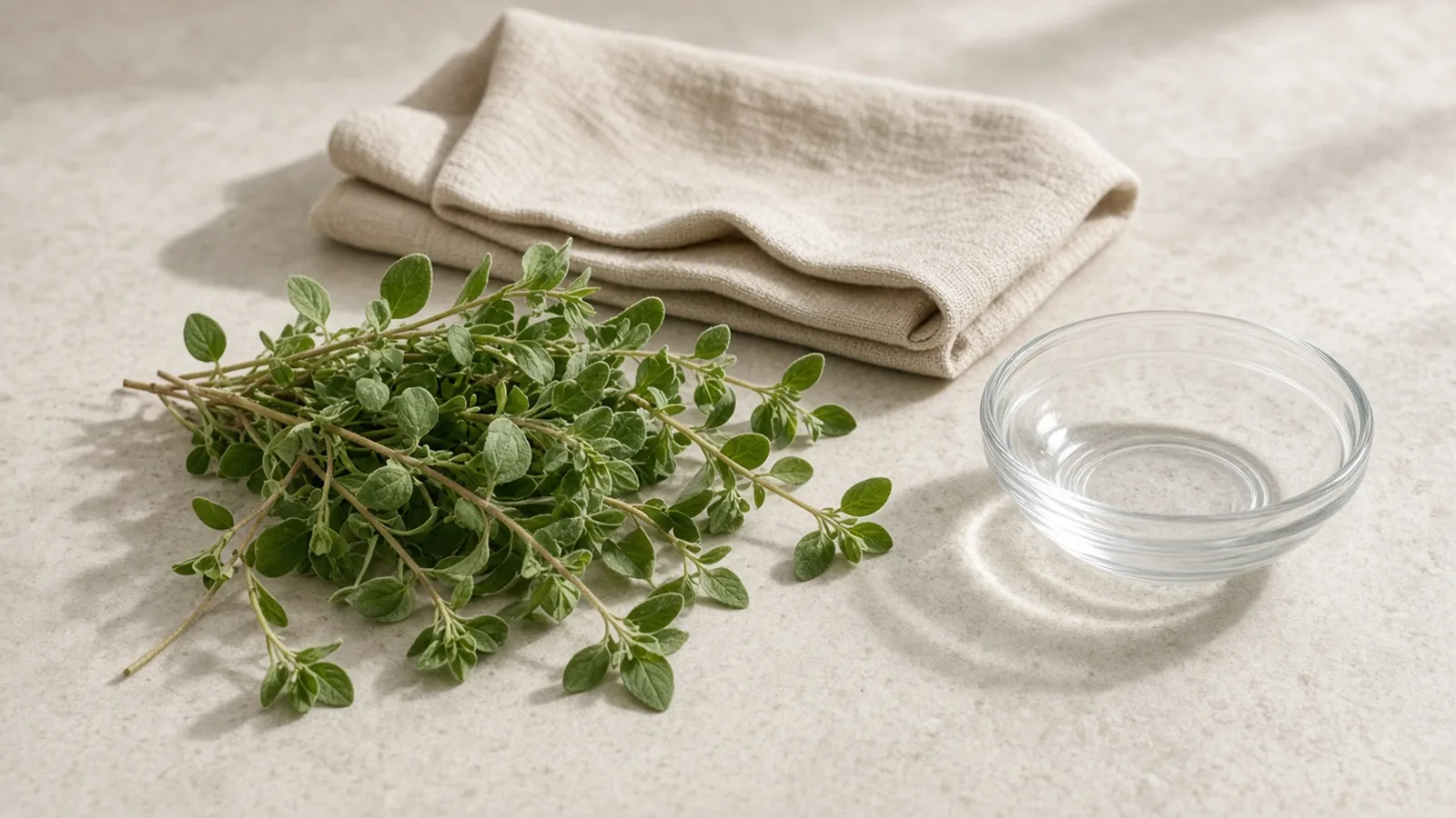 Fresh oregano sprigs on a pale stone counter beside a folded linen napkin and an empty glass dish.