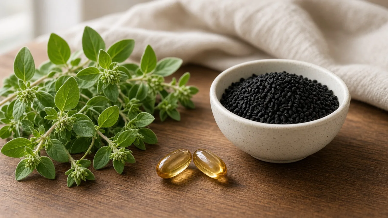 Fresh oregano sprigs beside a ceramic dish of black nigella seeds on a wooden table.