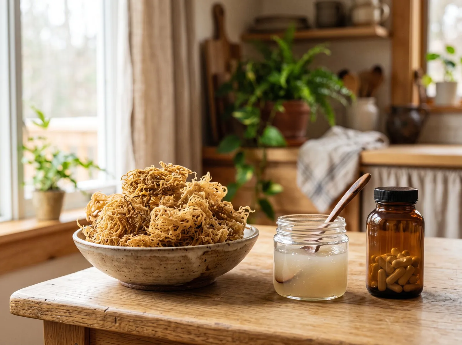 Dried sea moss, a glass of pale sea moss gel, and supplement capsules on a kitchen counter.