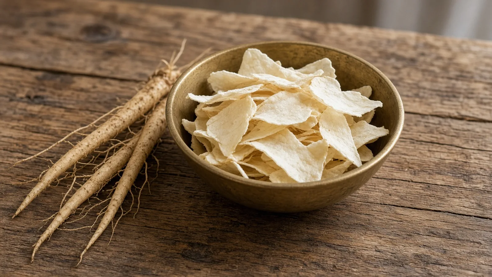 Pale sliced root chips in a brass bowl on a wooden table. No labeled bottles.