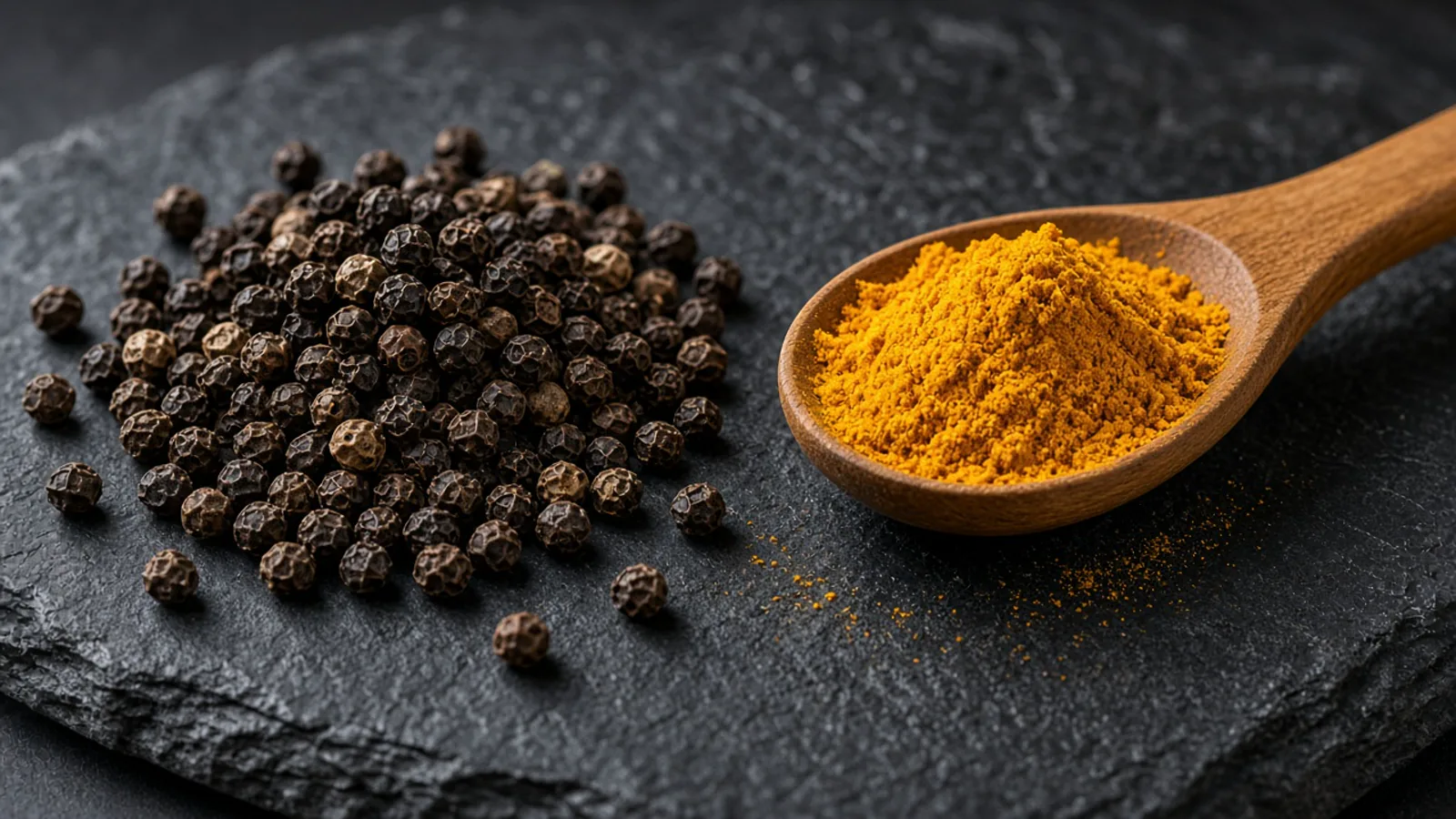 Black peppercorns beside a spoon of ground turmeric on dark slate.