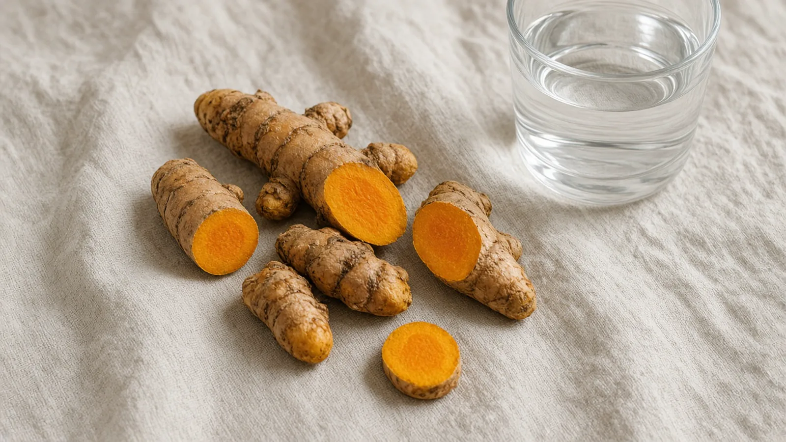 Sliced turmeric root on linen beside a glass of water.
