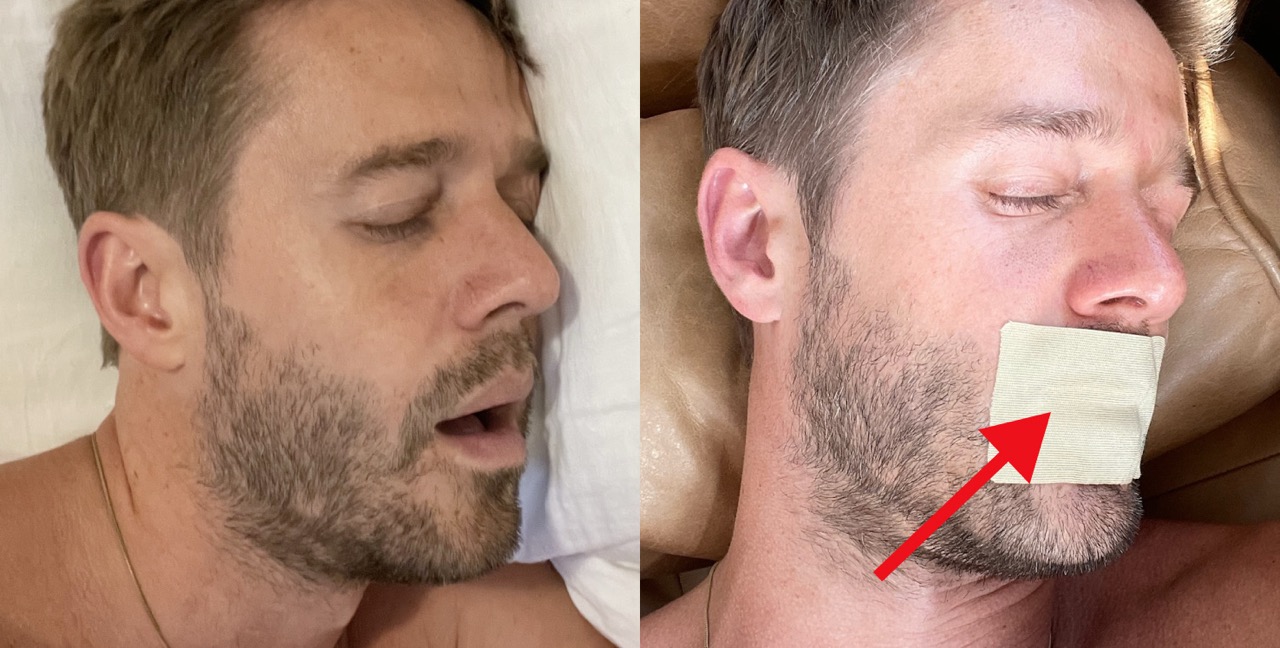 Person sleeping with and without mouth tape